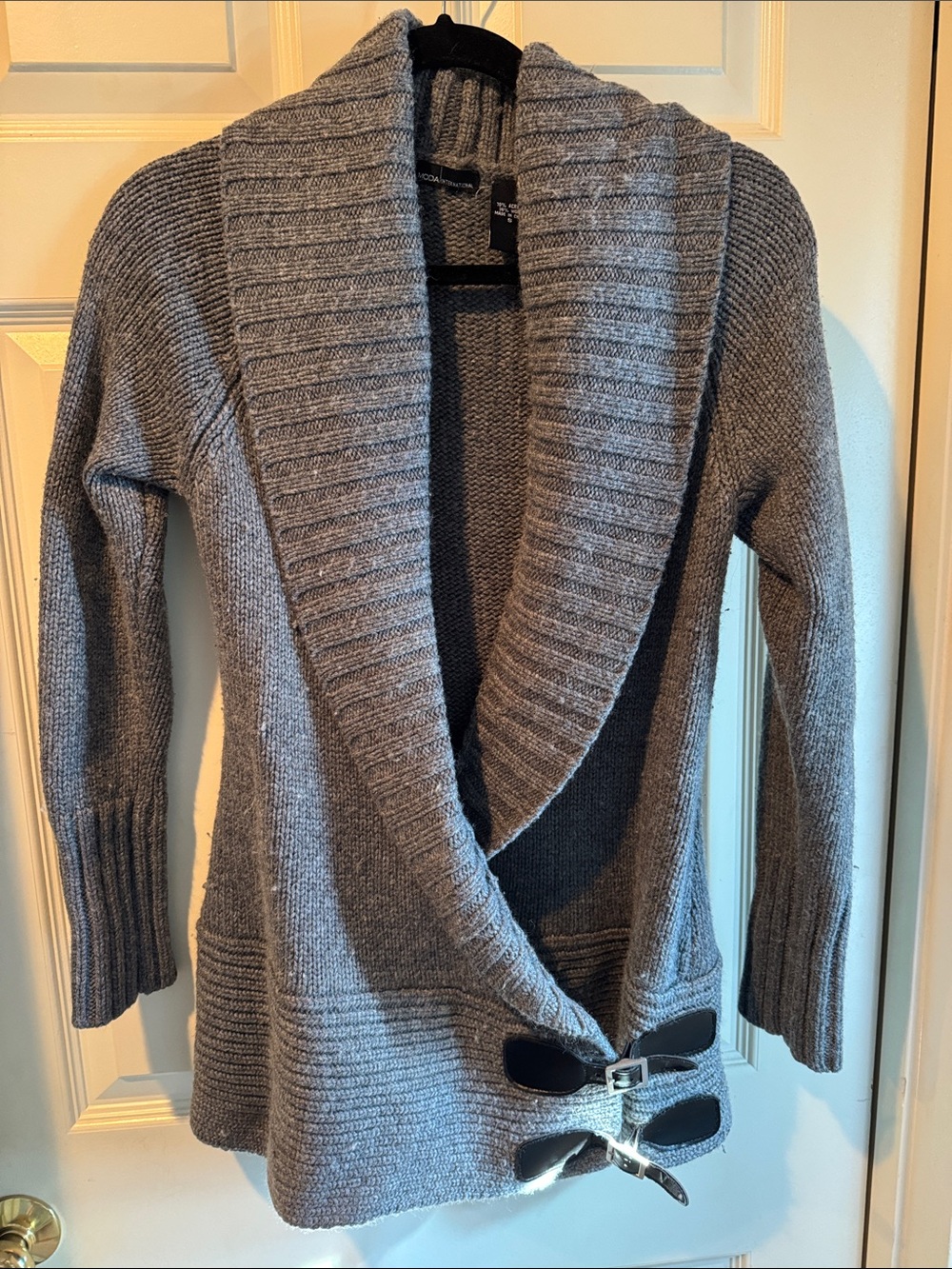 Moda International Gray Shawl-Collar Open-Front Cardigan with Toggle Detail